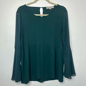 Ann Taylor LOFT Baby Doll Blouse Top M Green Bell Sleeve Boho Peasant Career